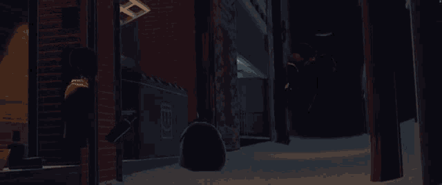 a dark alleyway with a trash can that says ke