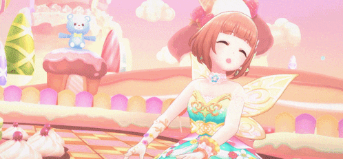 a girl in a fairy costume stands in front of a candy land