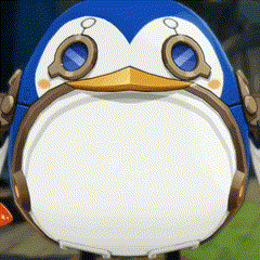 a close up of a blue and white penguin with goggles on its eyes