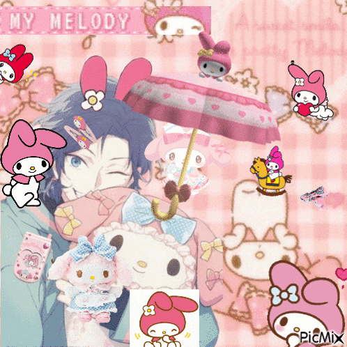 a picture of a boy holding a stuffed animal surrounded by my melody icons