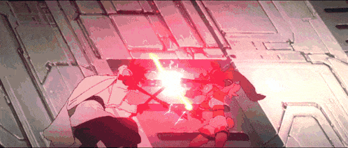 a couple of people are fighting with red lightsabers in a room