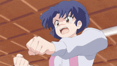 a girl with blue hair is making a fist with her mouth open