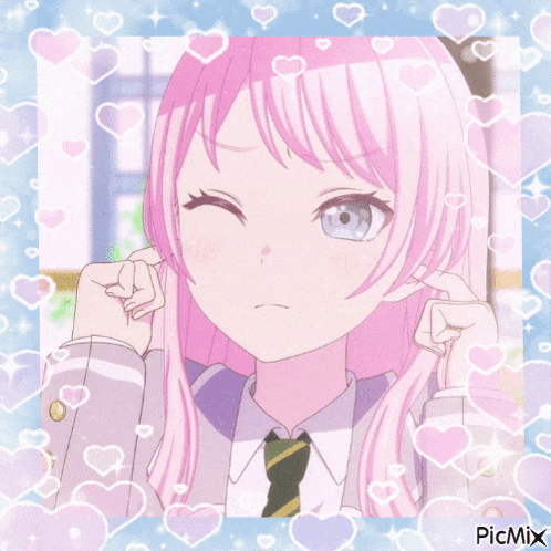 a picture of a girl with pink hair is surrounded by pink hearts and says picmix