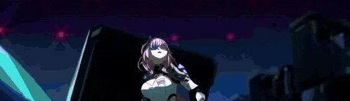 a girl with pink hair is sitting in a chair