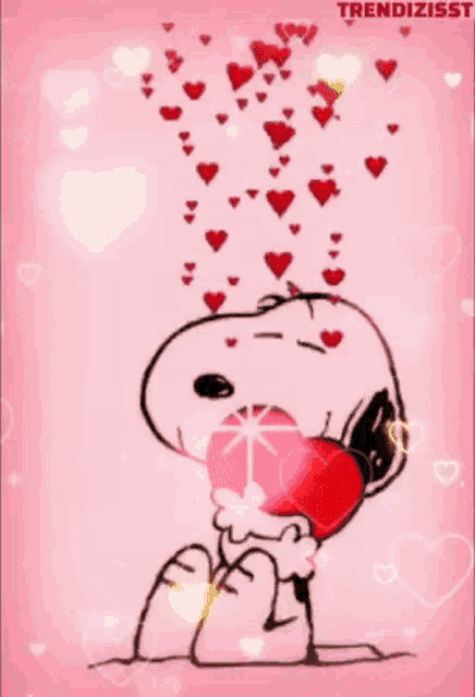 snoopy is holding a heart in his mouth and hearts are coming out of his mouth .