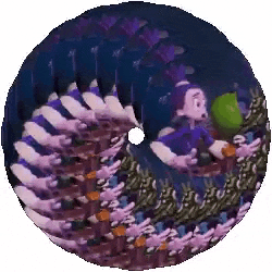 a picture of a cartoon character on a cd with a hole in the middle .