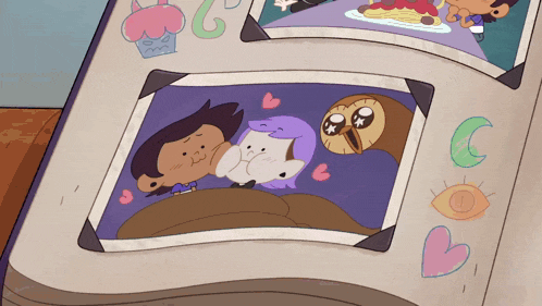 a book is open to a page with a picture of a boy and an owl on it