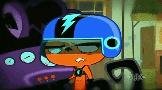 a cartoon character is wearing a blue helmet with a lightning bolt on the front