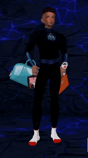 a boy in a superhero costume holds a blue bag