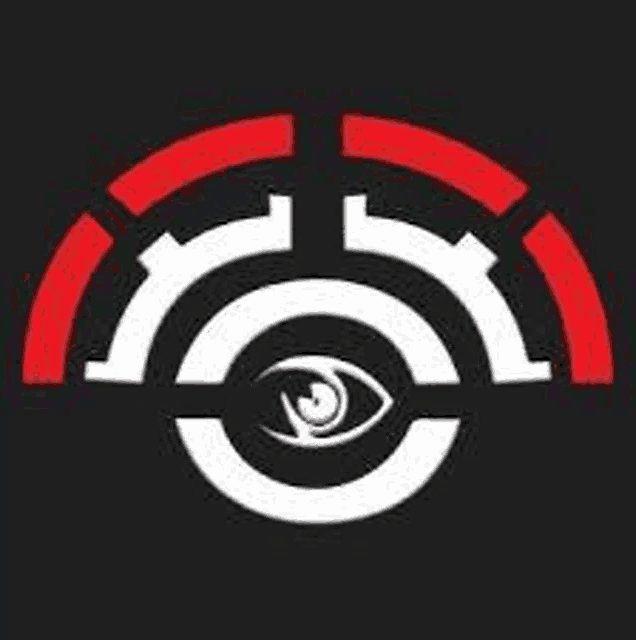 a red , white and black logo with an eye in the middle .