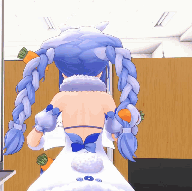 a cartoon character with blue hair and bunny ears