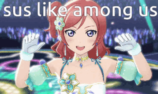 a pixel art of a girl with the words sus like among us