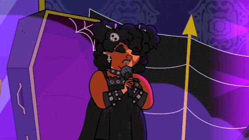 a cartoon of a girl singing into a microphone in front of a coffin