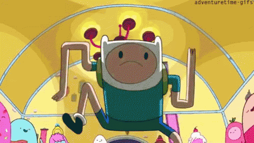 finn from adventure time is flying through the air with a sad face .