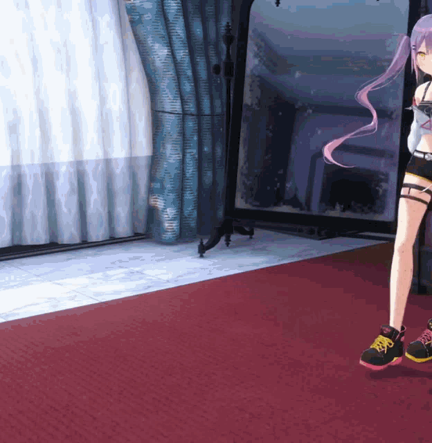 a girl with pink hair is standing on a red carpet in front of a mirror