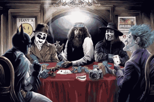 a painting of batman and the joker playing poker in front of a sign that says have a