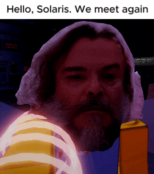 a picture of a man with a beard and the words hello solaris we meet again below him