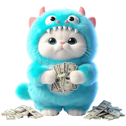 a stuffed cat in a blue monster costume is holding a pile of money