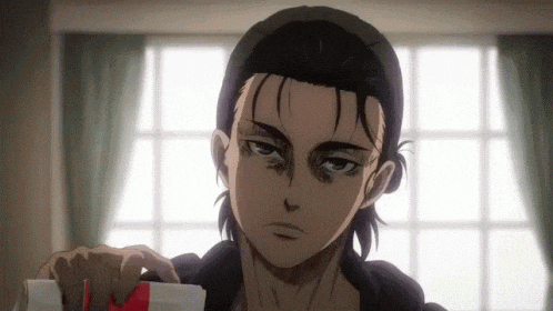 a close up of eren yeager from attack on titan holding a piece of paper in front of a window .