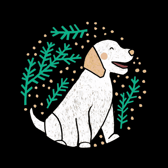 a white dog is surrounded by green branches