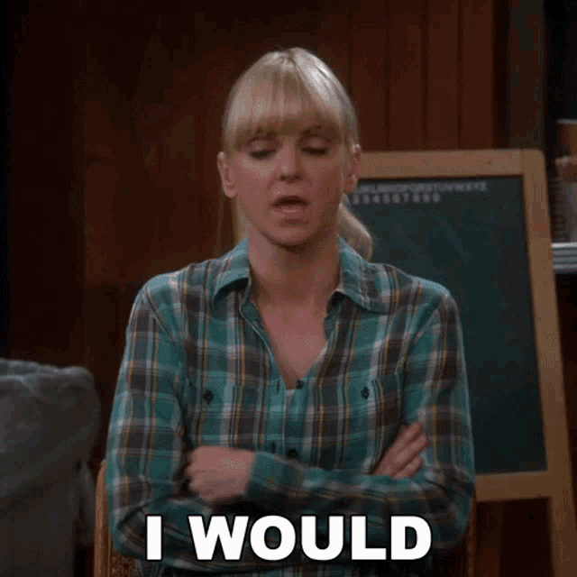 a woman in a plaid shirt is saying " i would "