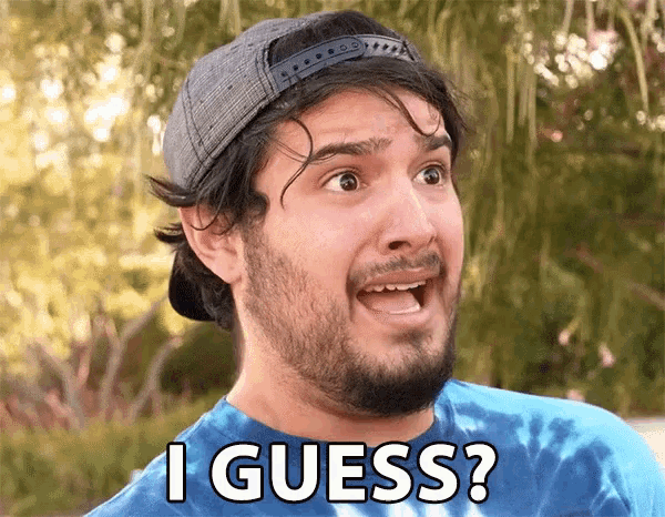 a man with a beard wearing a hat and a blue shirt says i guess