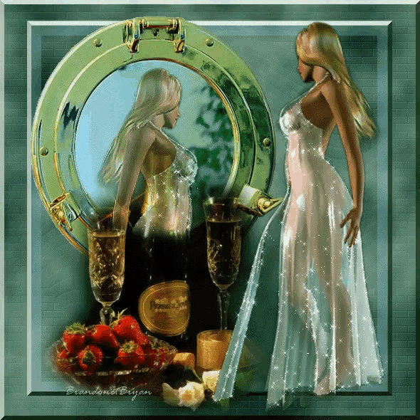a woman in a white dress is standing in front of a mirror holding a glass of champagne