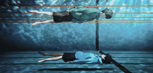 two anime characters are swimming underwater in a pool .