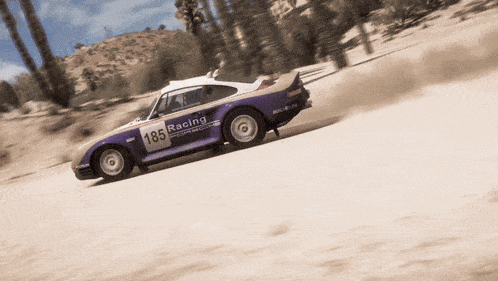a purple and white racing car with the number 185 on the side