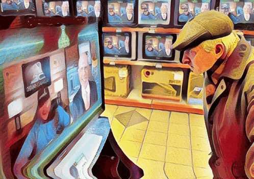 a painting of a man looking at a tv screen that says samsung