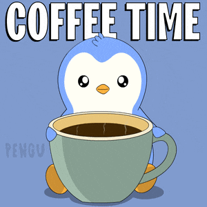 a penguin is holding a cup of coffee with the words coffee time written above it
