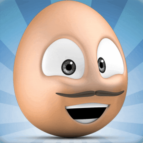 a cartoon egg with big eyes and a mustache on a blue background