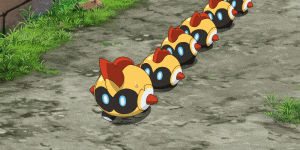 a row of cartoon characters are lined up on a dirt road