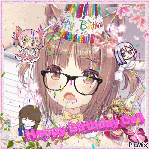 a picture of a girl wearing glasses and a birthday hat says happy birthday
