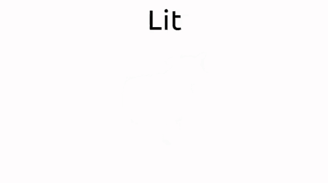 a black and white cow is walking on a white background with the word lit above it .