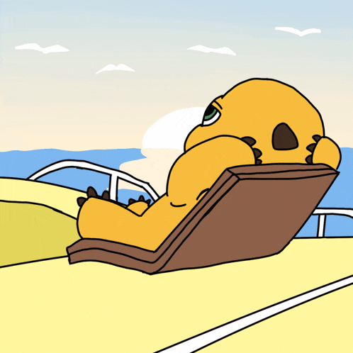 a cartoon of a dinosaur laying in a chair on the beach