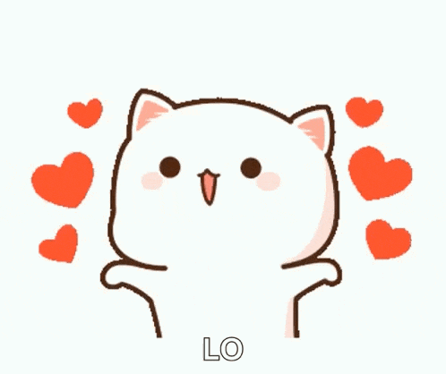 a cartoon cat is surrounded by hearts and says lo