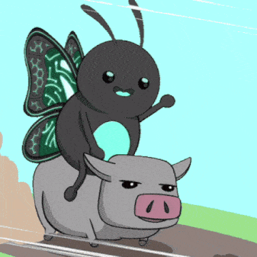 a butterfly is riding on the back of a pig in a cartoon