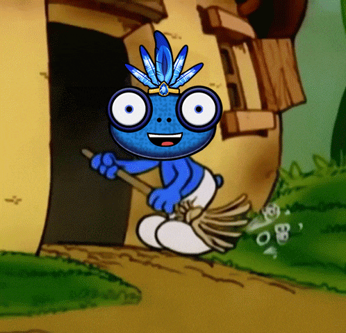 a blue cartoon character is holding a broom in front of a yellow building