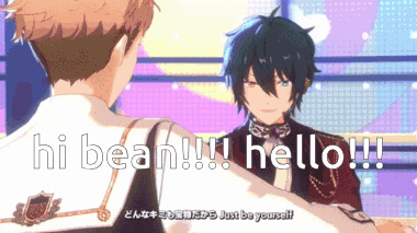 two anime characters are standing next to each other with the words hi beah !!! hello !!! above them