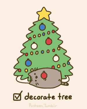 a cartoon cat is laying under a christmas tree