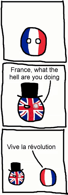 a cartoon of a british ball saying france what the hell are you doing vive la revolution