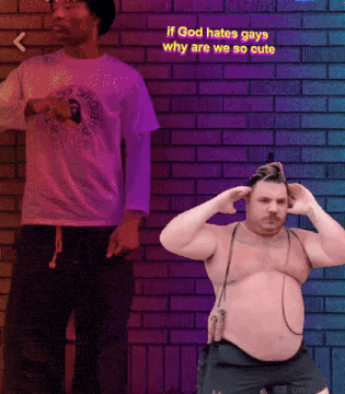 a man in a shirt that says chrome hearts stands next to a man in a shirt that says if god hates gays