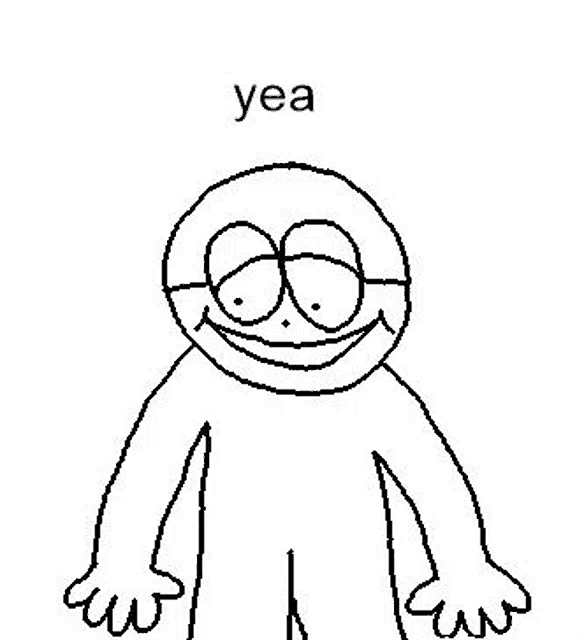 a black and white drawing of a cartoon character with glasses and a smile .