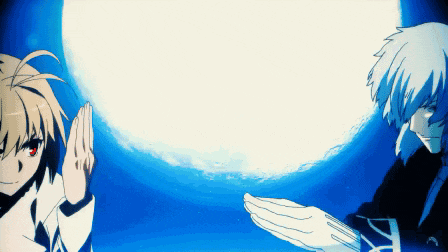 a couple of anime characters standing next to each other with a blue background