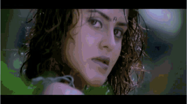 a close up of a woman 's face with a green background and a watermark that says ' sahara '