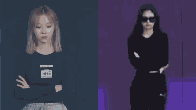 two women are standing next to each other with their arms crossed and one is wearing sunglasses