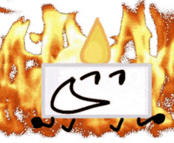 a cartoon drawing of a candle with a face and flames around it