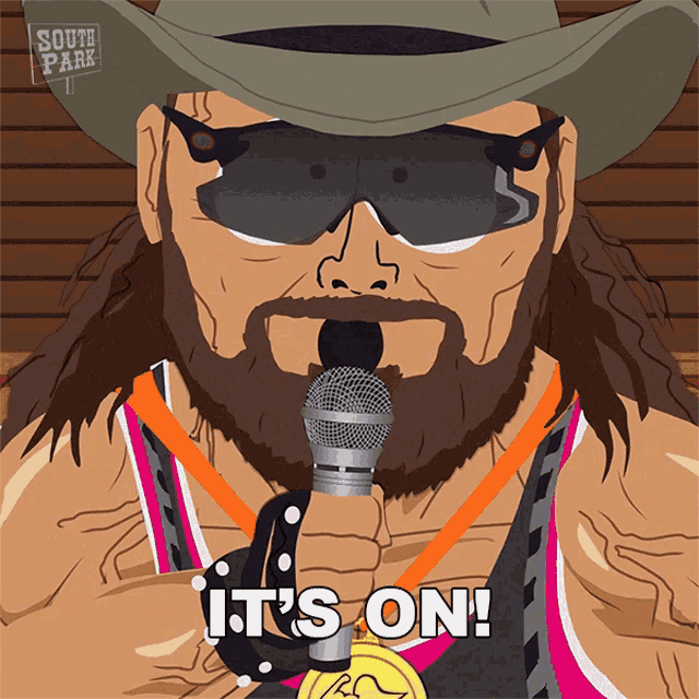 a cartoon of a man holding a microphone with the words " it 's on " below him