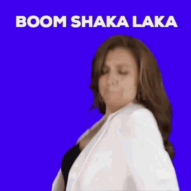 a woman in a white jacket and black top is dancing with the words boom shaka laka above her